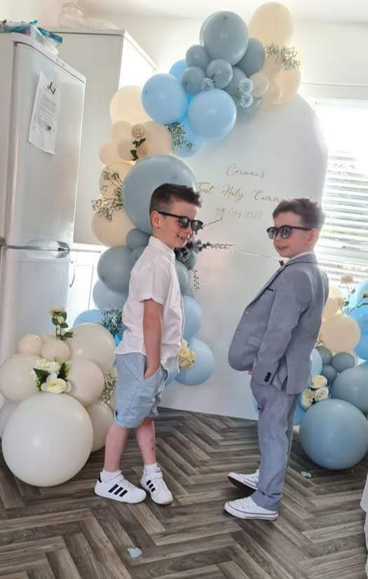 First Holy Communion blue and cream balloon arch display