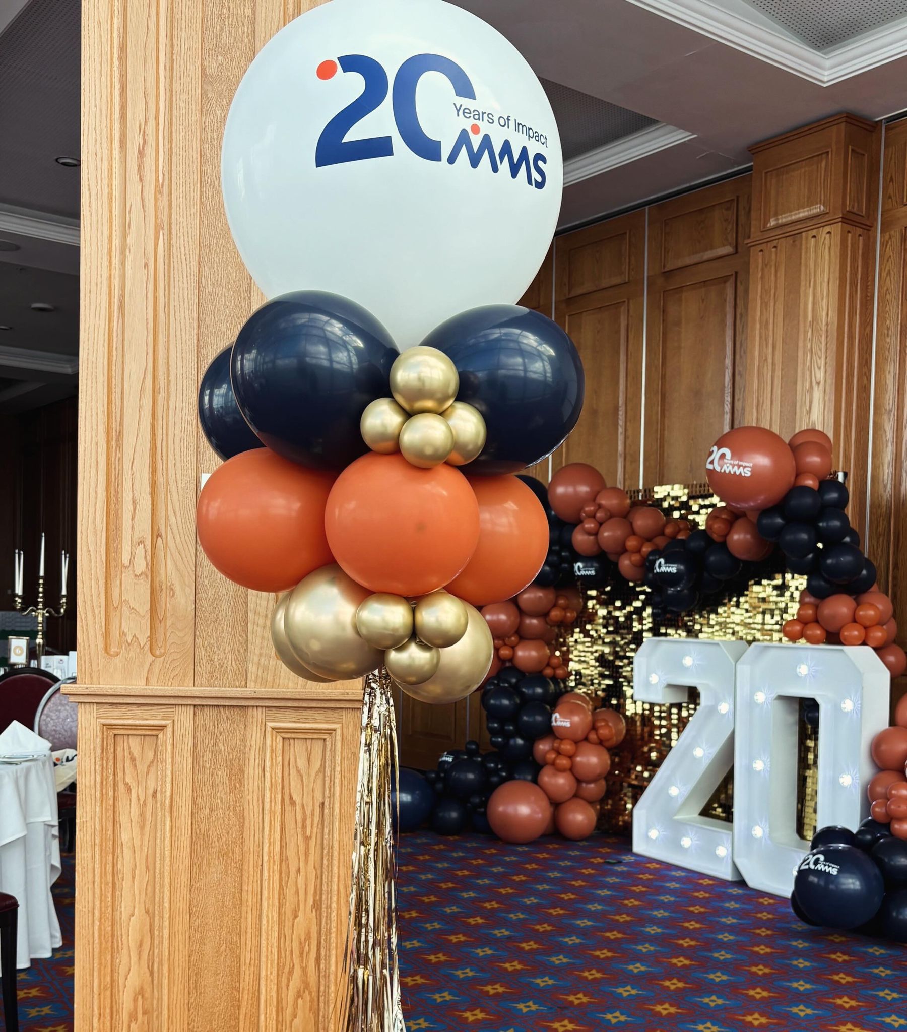 MMS branded balloon column close-up detail
